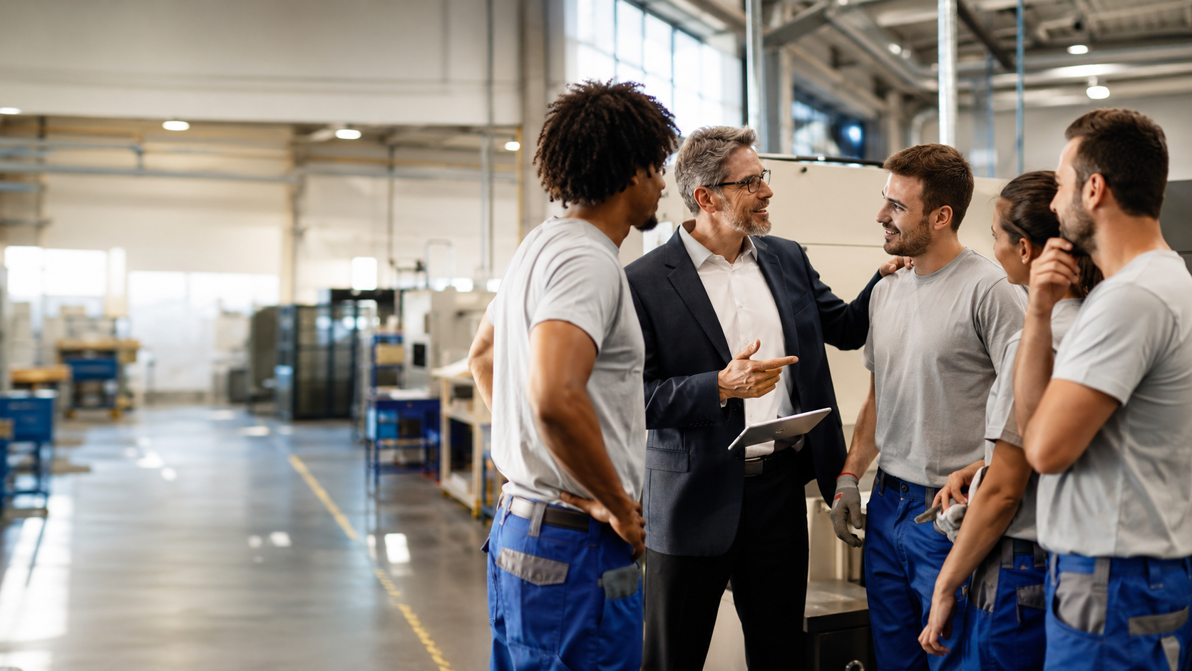 Conversación con trabajadores en un entorno de producción